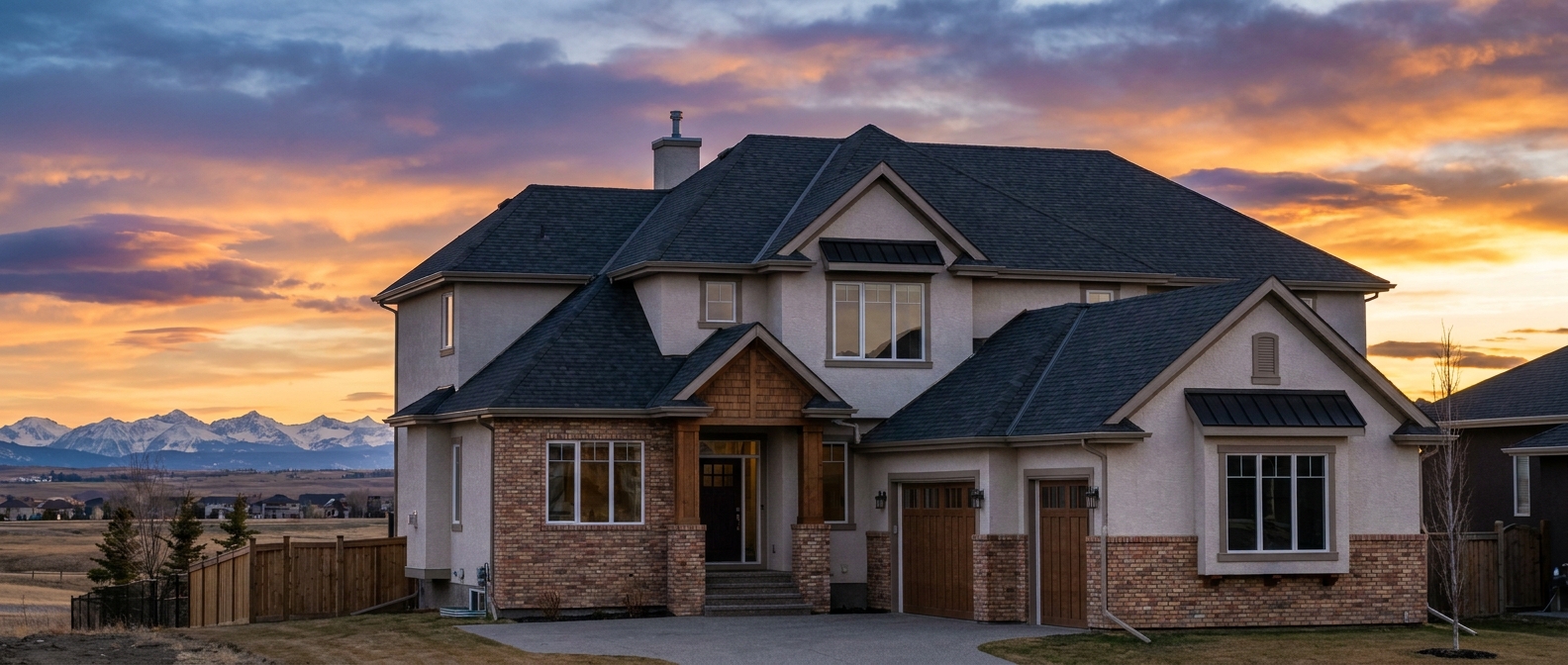 A Calgary residential street with dark storm clouds approaching, highlighting the Calgary hail season 2026 weather outlook.