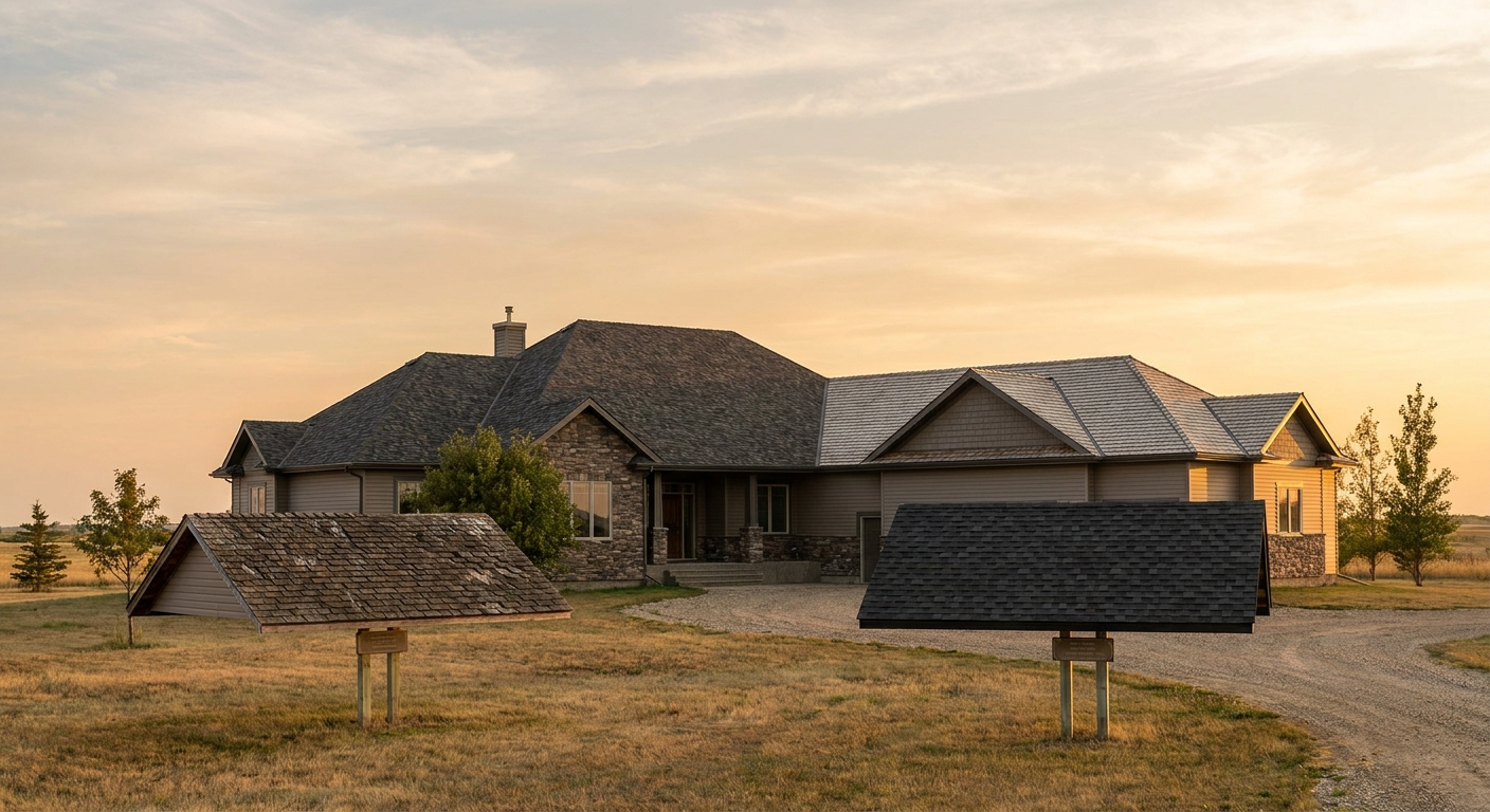 A residential roof in a Calgary neighborhood showing signs of aging asphalt shingles under a cloudy sky.