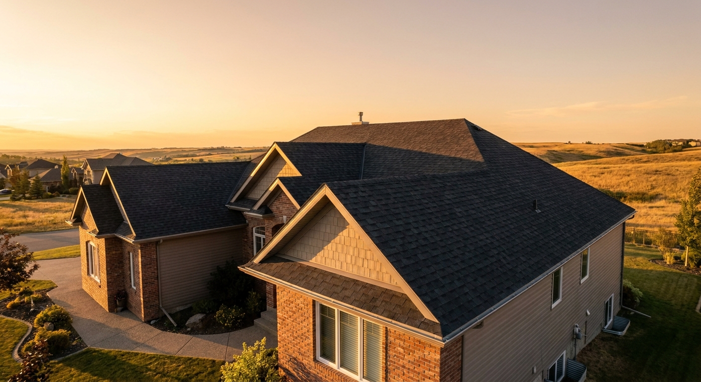 A damaged asphalt shingle roof in a Calgary neighborhood undergoing a professional inspection for insurance purposes.