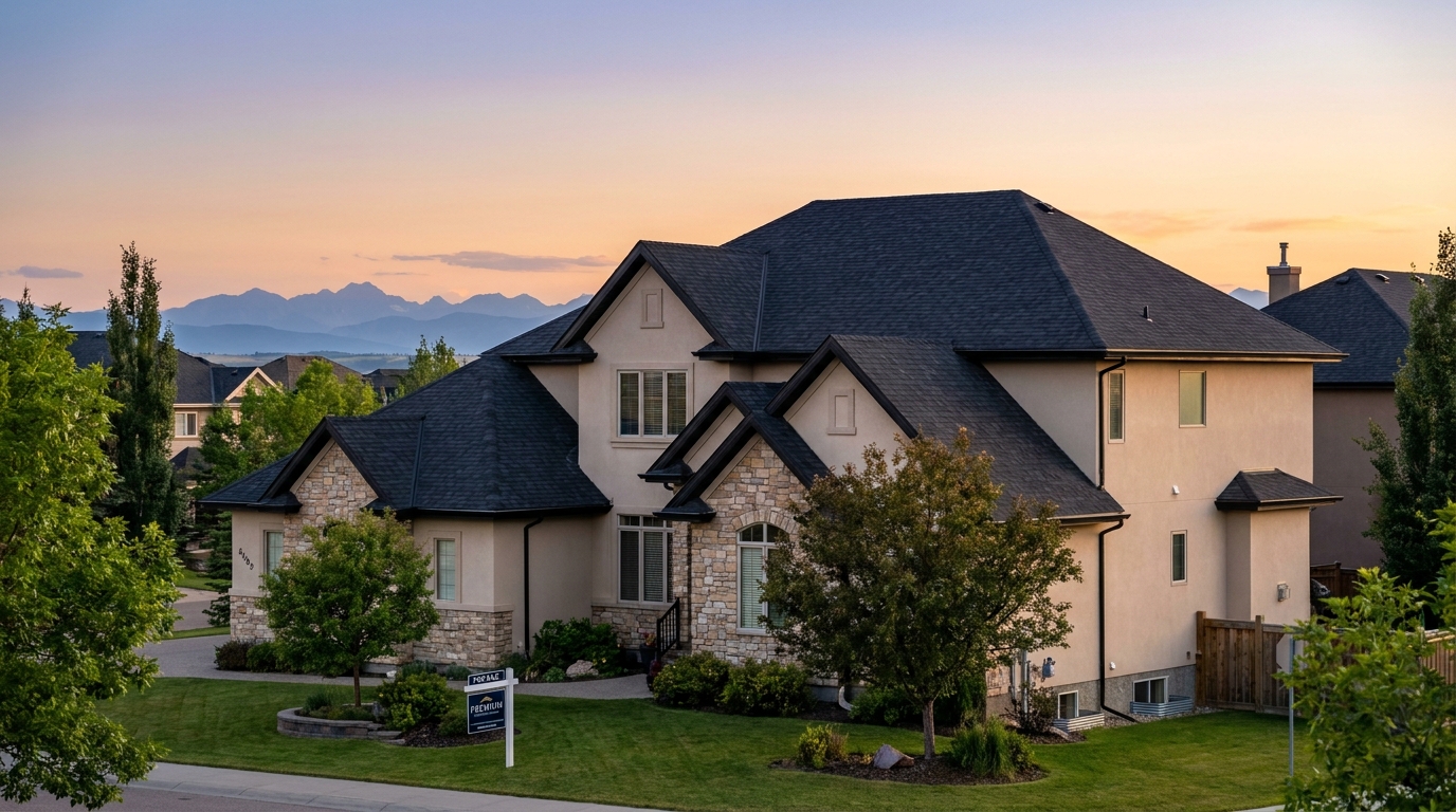 A modern Calgary home undergoing an energy-efficient roof and insulation upgrade under a clear blue sky.