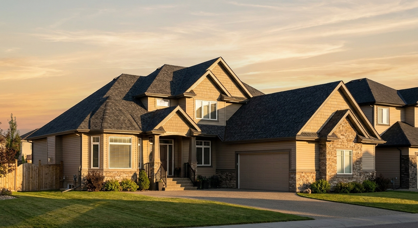 A Calgary home being fitted with impact-resistant Class 4 shingles to mitigate hail damage risk.