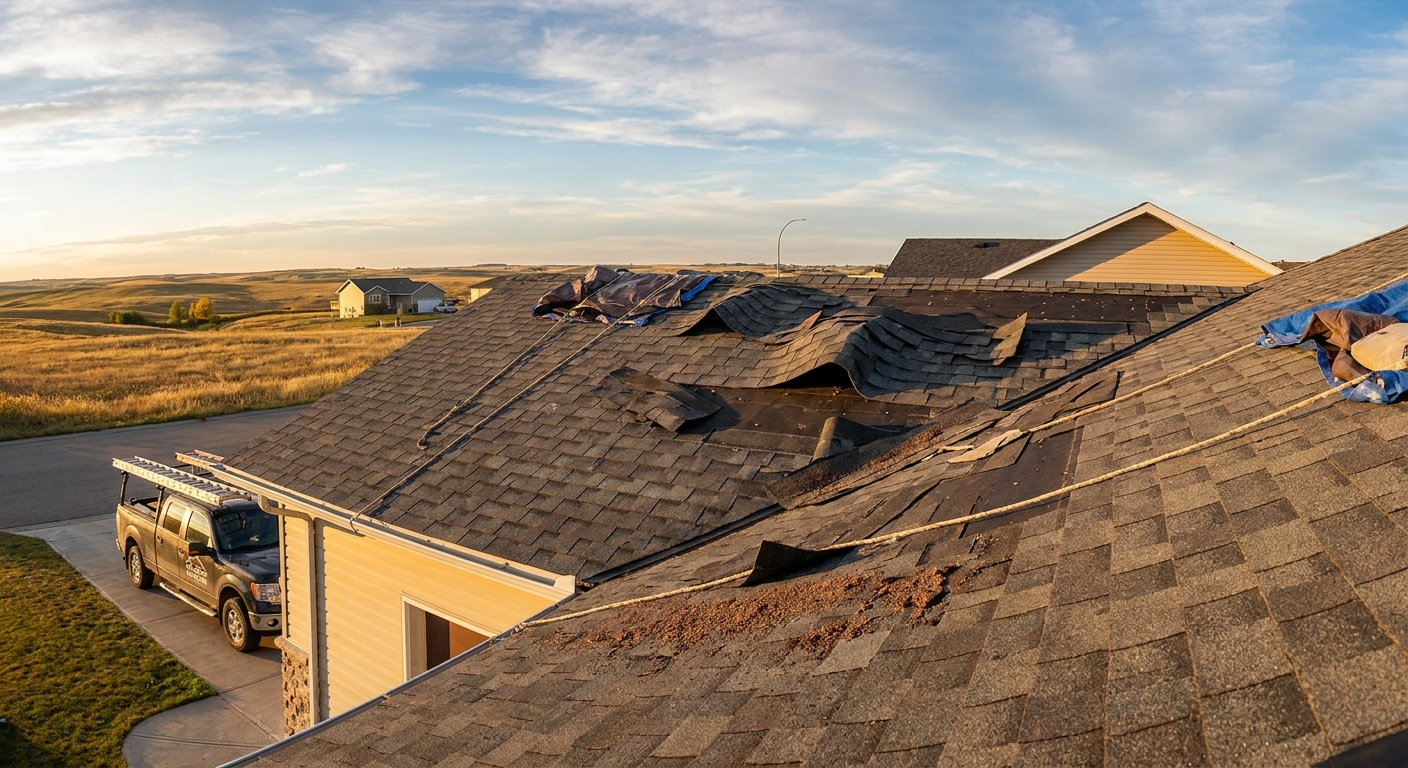 A damaged roof in Calgary after a severe wind storm with missing shingles and exposed underlayment.